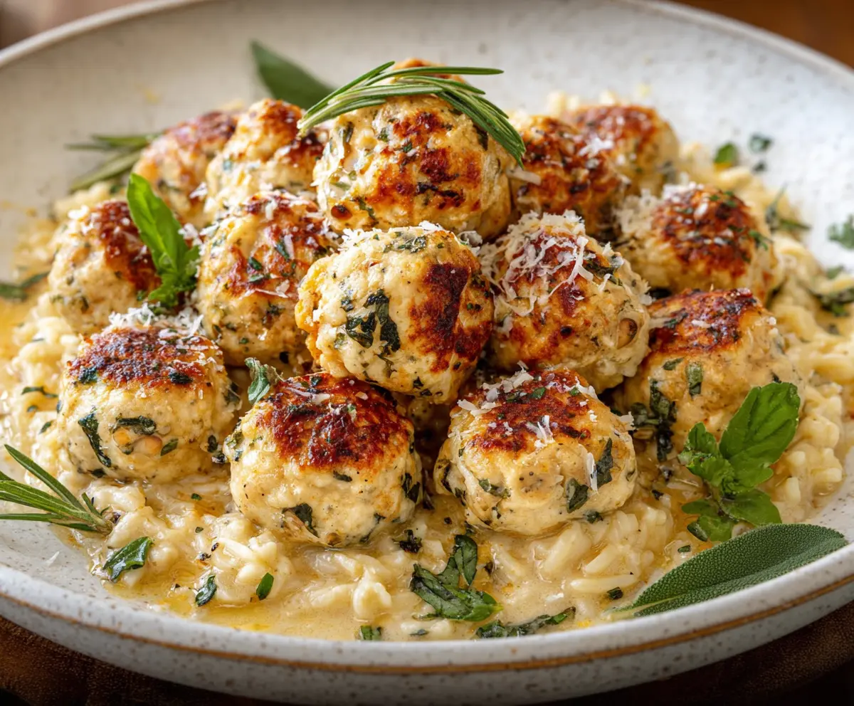 Delicious chicken ricotta meatballs resting on a plate, garnished with herbs for a flavorful Italian dish.