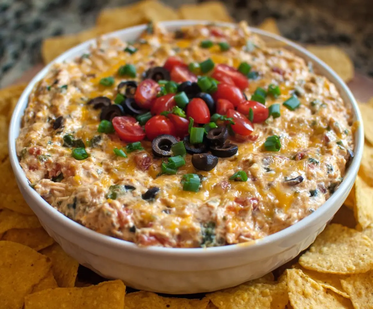Delicious chicken taco dip with melted cheese, fresh vegetables, and savory seasonings served as a perfect appetizer.