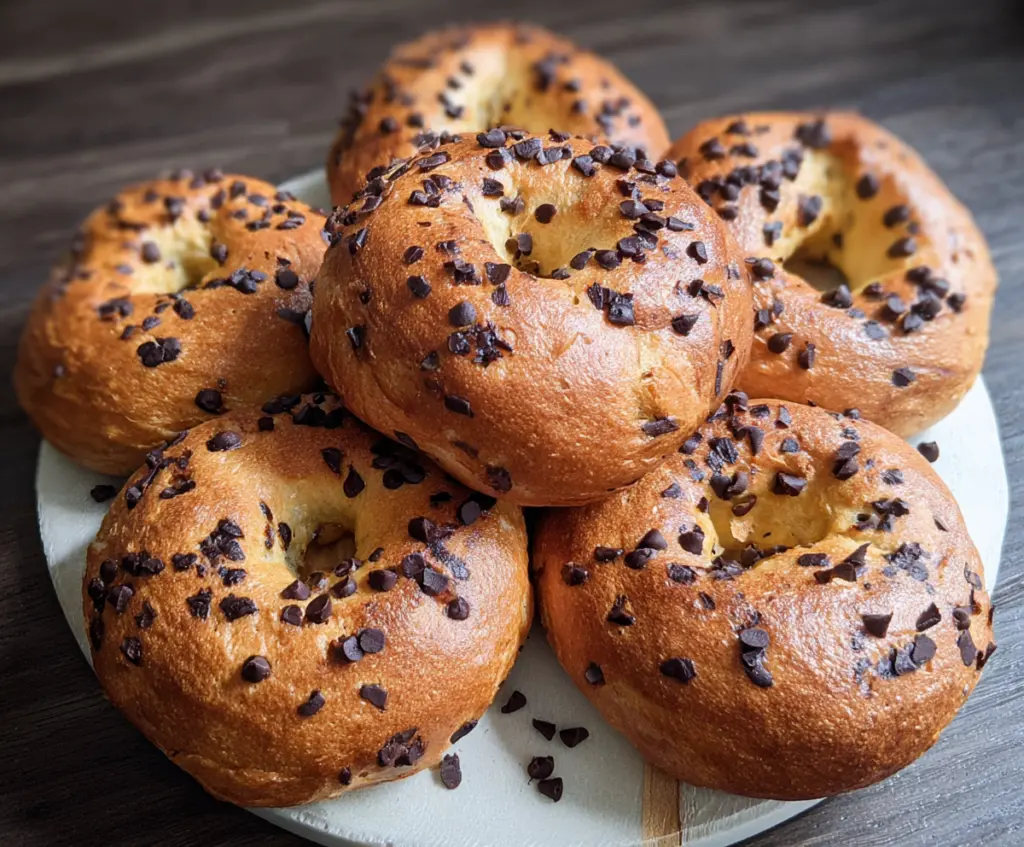 Bowl of freshly baked chocolate chip bagels on a cooling rack