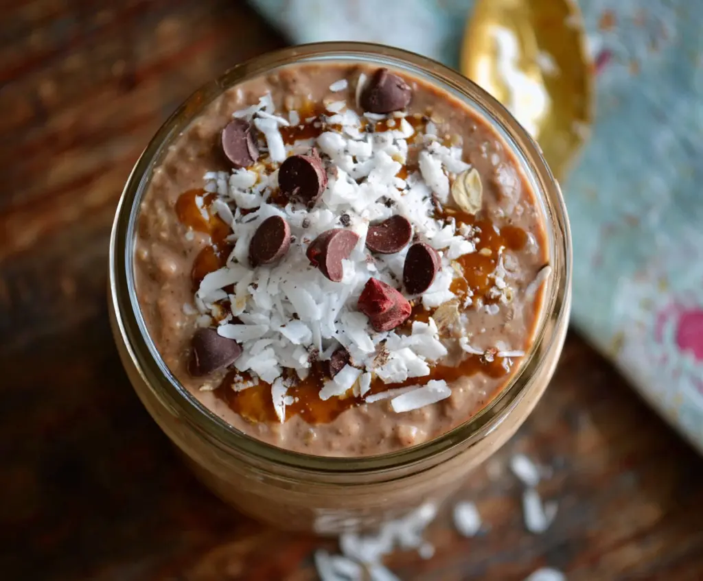 Delicious Chocolate Coconut Overnight Oats in a glass jar topped with coconut flakes and chocolate shavings
