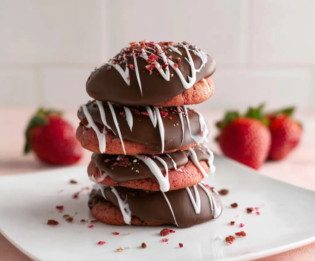 Delicious chocolate covered strawberry cookies with fresh strawberries and rich chocolate glaze
