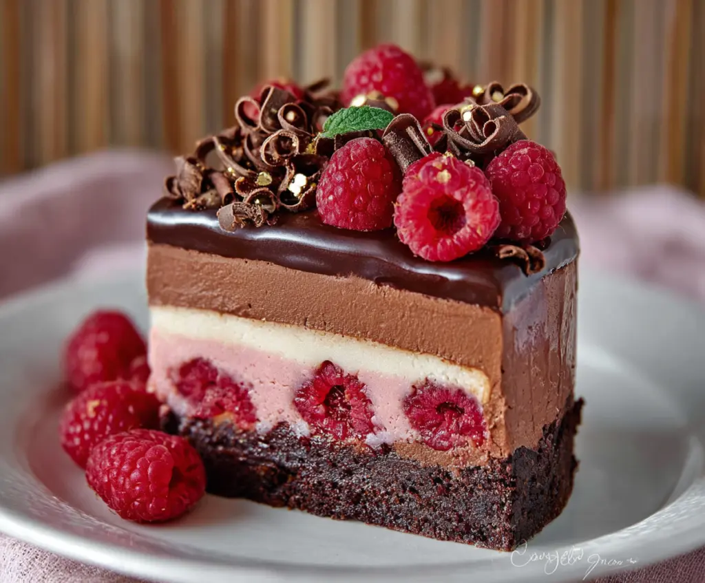 Delicious Chocolate Raspberry Mousse Cake with rich layers and fresh raspberry garnish