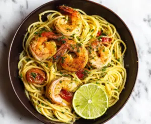 Delicious Cilantro Lime Shrimp Pasta served on a plate with fresh herbs and lemon wedges.