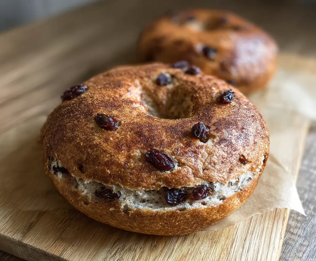 Delicious homemade cinnamon raisin sourdough bagels on a rustic wooden table.