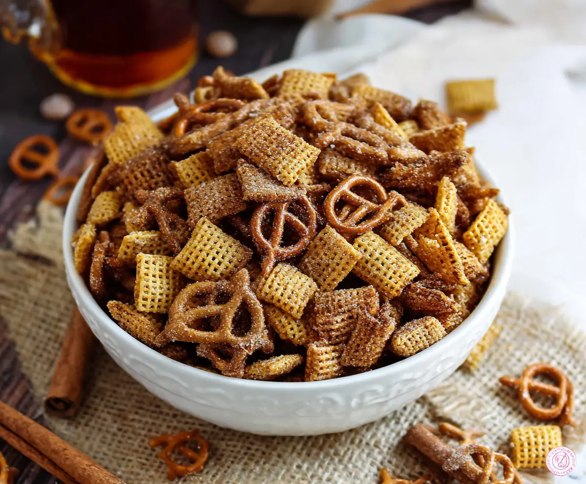 Delicious Cinnamon Sugar Chex Mix in a glass bowl, showcasing a sweet snack with cinnamon and sugar coating. Perfect for parties and snacking.