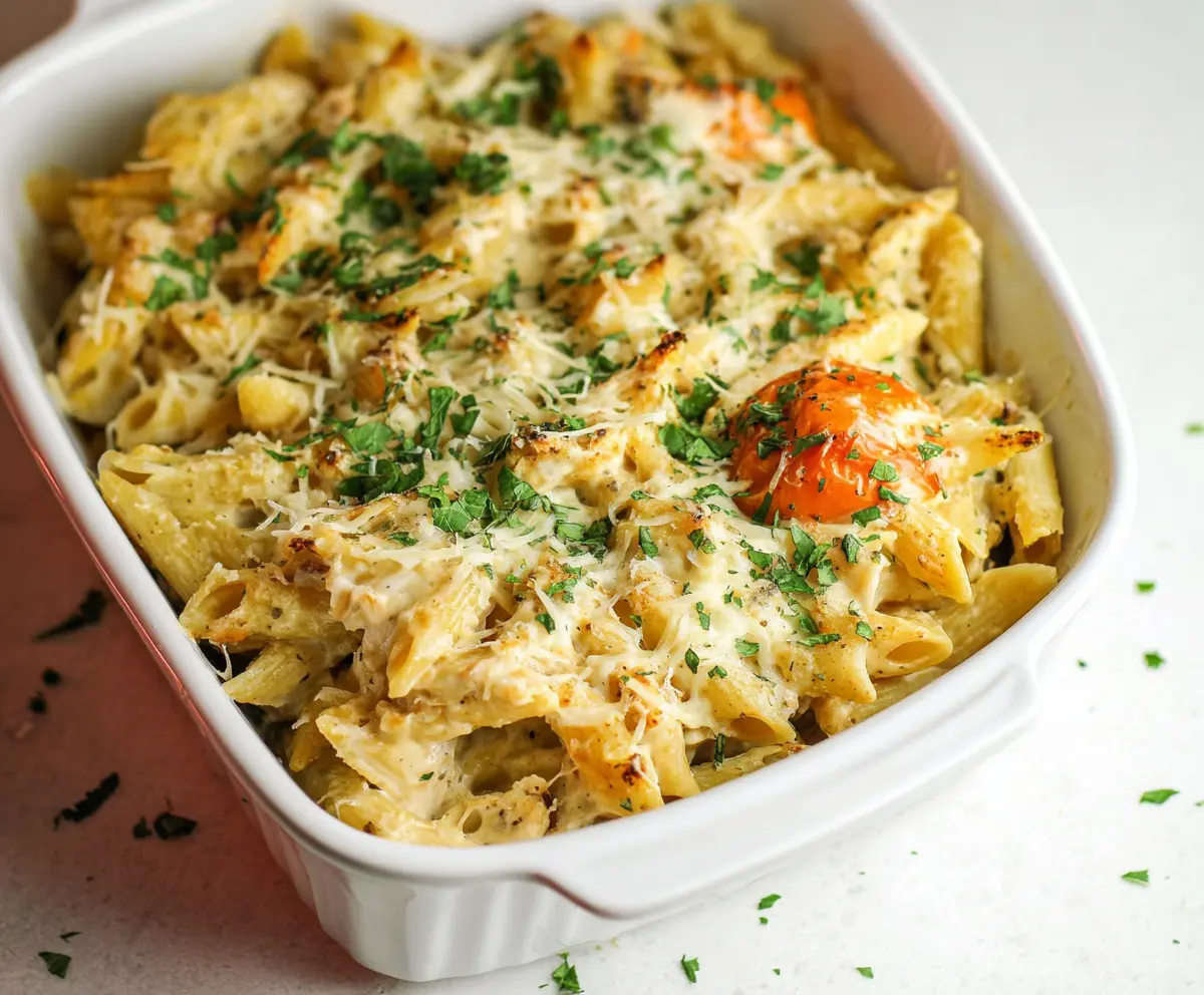 Creamy Cottage Cheese Alfredo Pasta Bake in a baking dish, topped with melted cheese and herbs.
