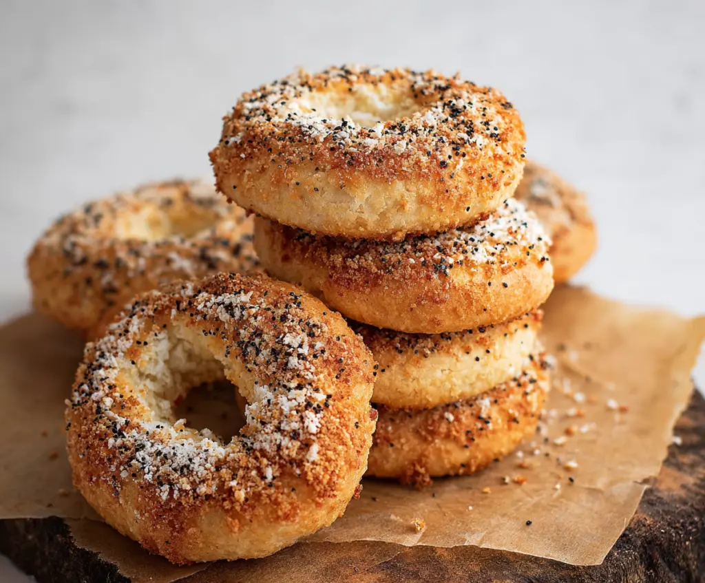 Delicious homemade cottage cheese almond flour bagels on a white plate, perfect for a healthy breakfast or snack.