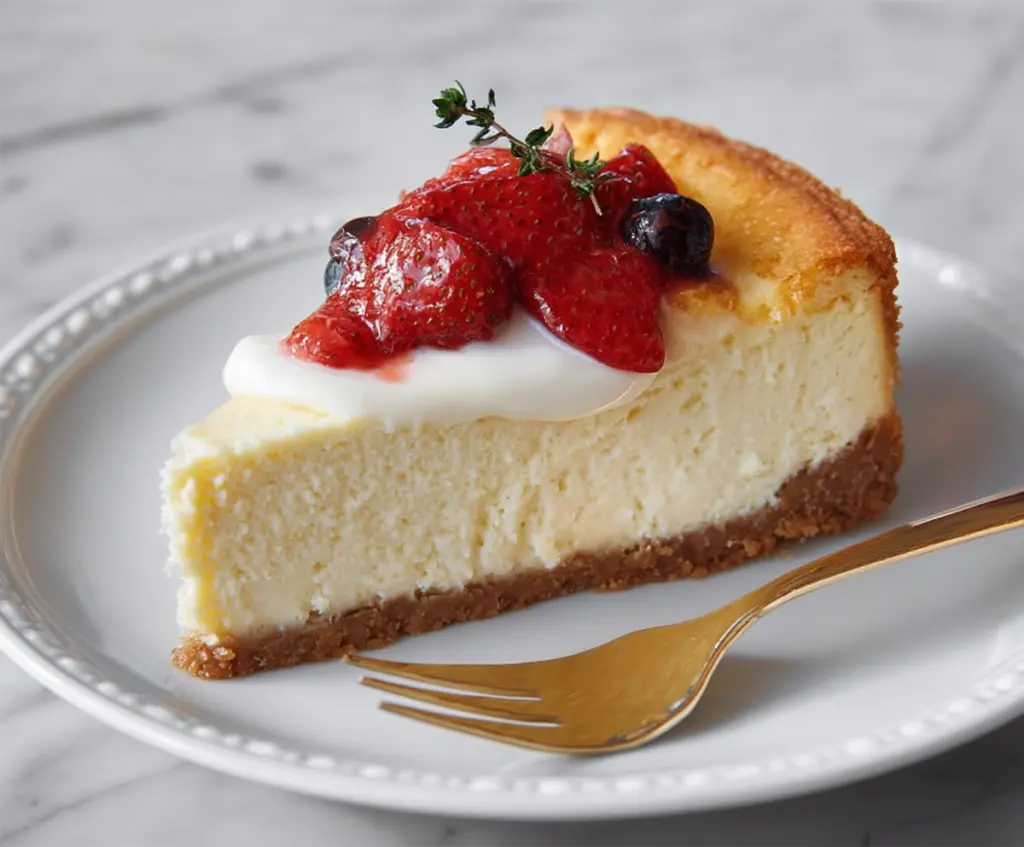 Delicious cottage cheese cheesecake with creamy texture and golden crust ready to serve.