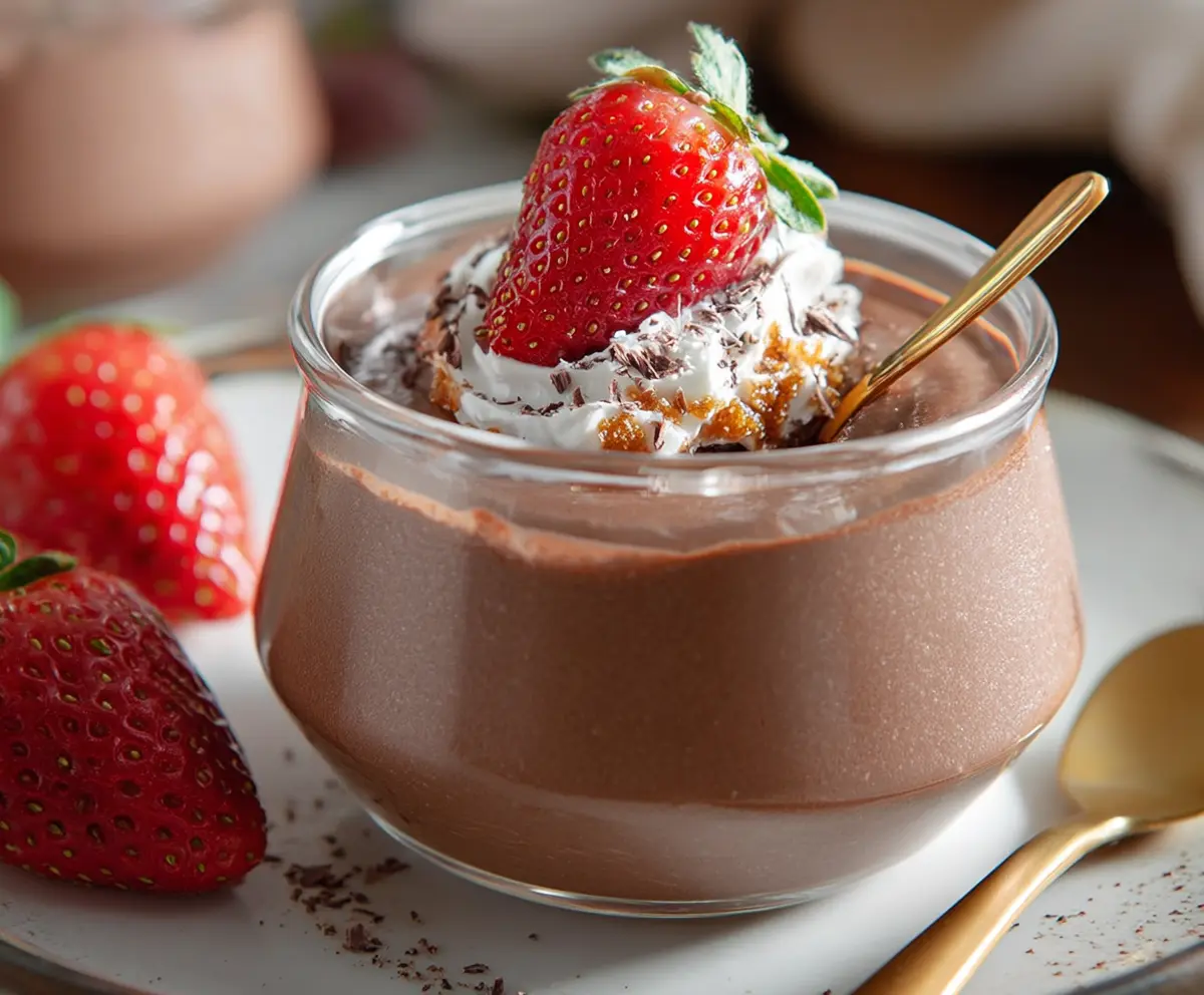Creamy cottage cheese chocolate mousse served in a glass dish, garnished with cocoa powder and chocolate shavings.