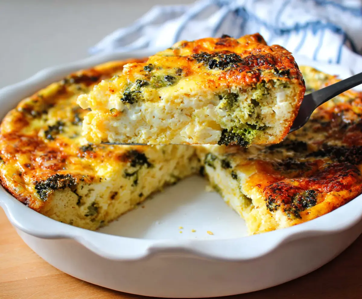 Delicious cottage cheese crustless quiche with fresh vegetables and herbs on a white plate.