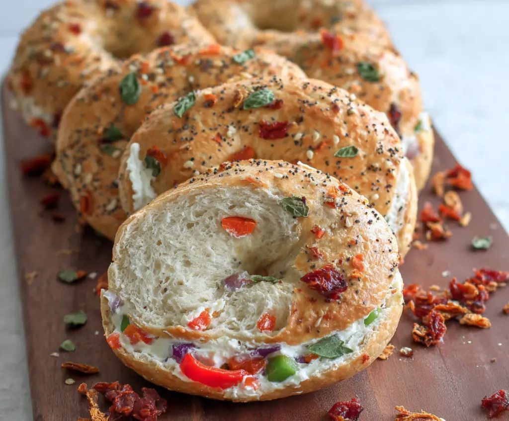 Fresh cottage cheese veggie bagels topped with colorful vegetables for a healthy snack.