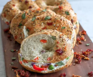 Fresh cottage cheese veggie bagels topped with colorful vegetables for a healthy snack.
