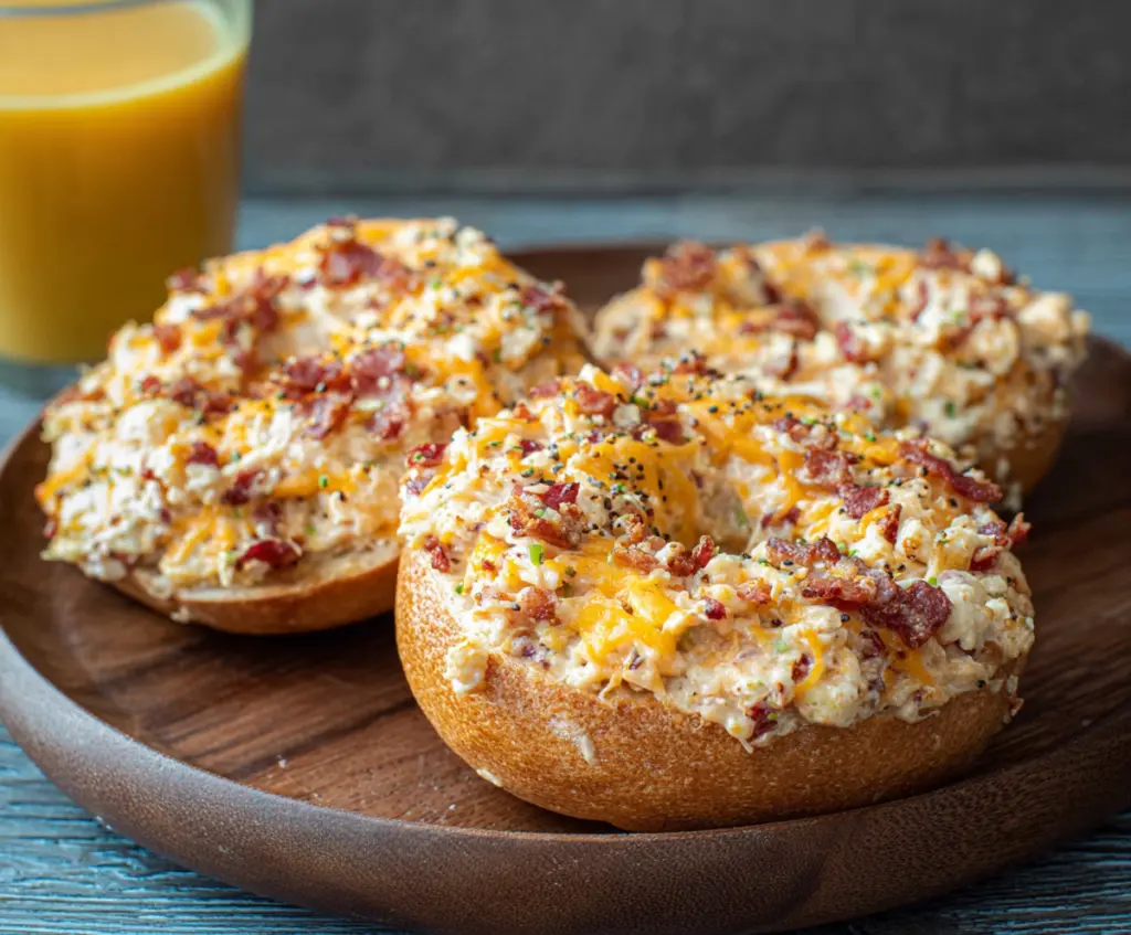 Delicious creamy bacon cheddar bagels with melted cheese and crispy bacon pieces ready to serve.