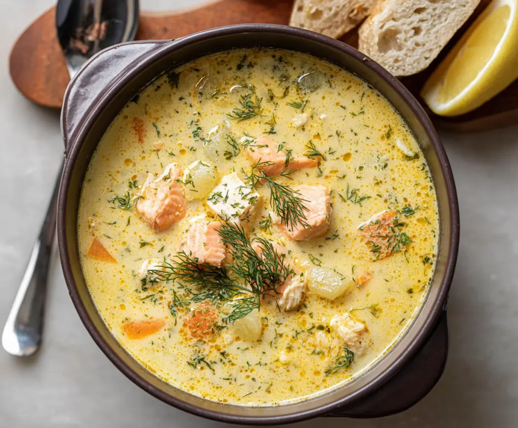 Creamy dill salmon soup served in a rustic bowl with fresh dill garnish.