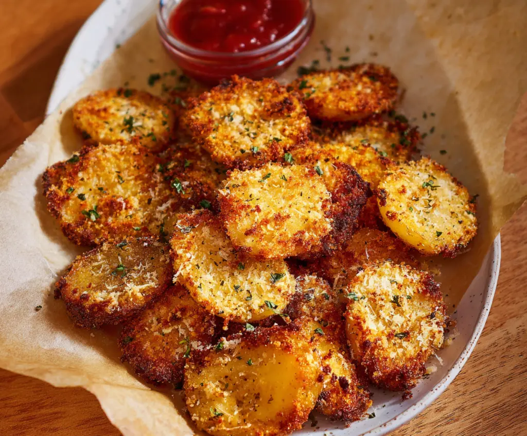 Golden crispy garlic Parmesan crusted potatoes on a serving platter, perfect for a savory side dish.
