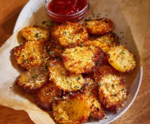 Golden crispy garlic Parmesan crusted potatoes on a serving platter, perfect for a savory side dish.