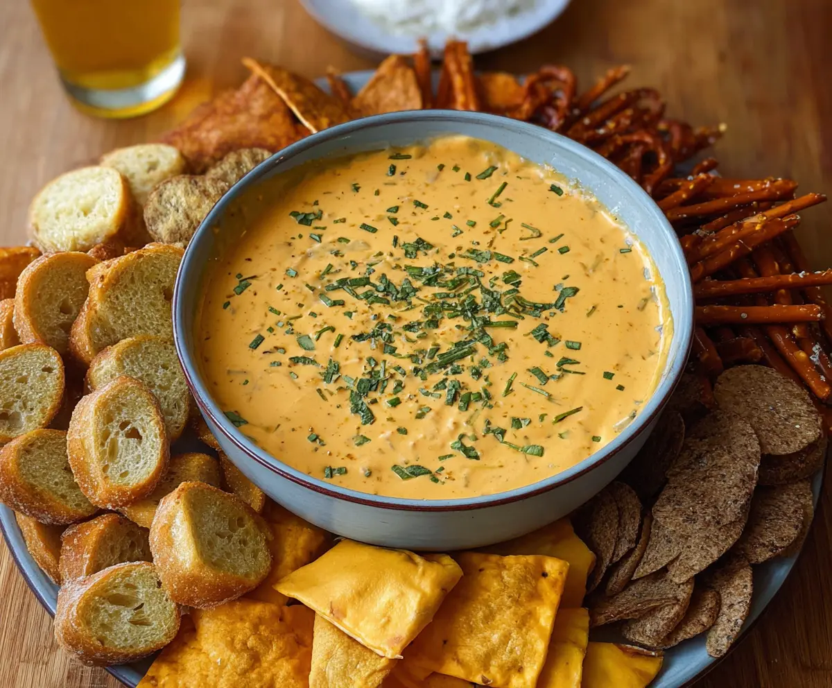 Creamy Crock Pot Beer Cheese Dip served with fresh bread and pretzels