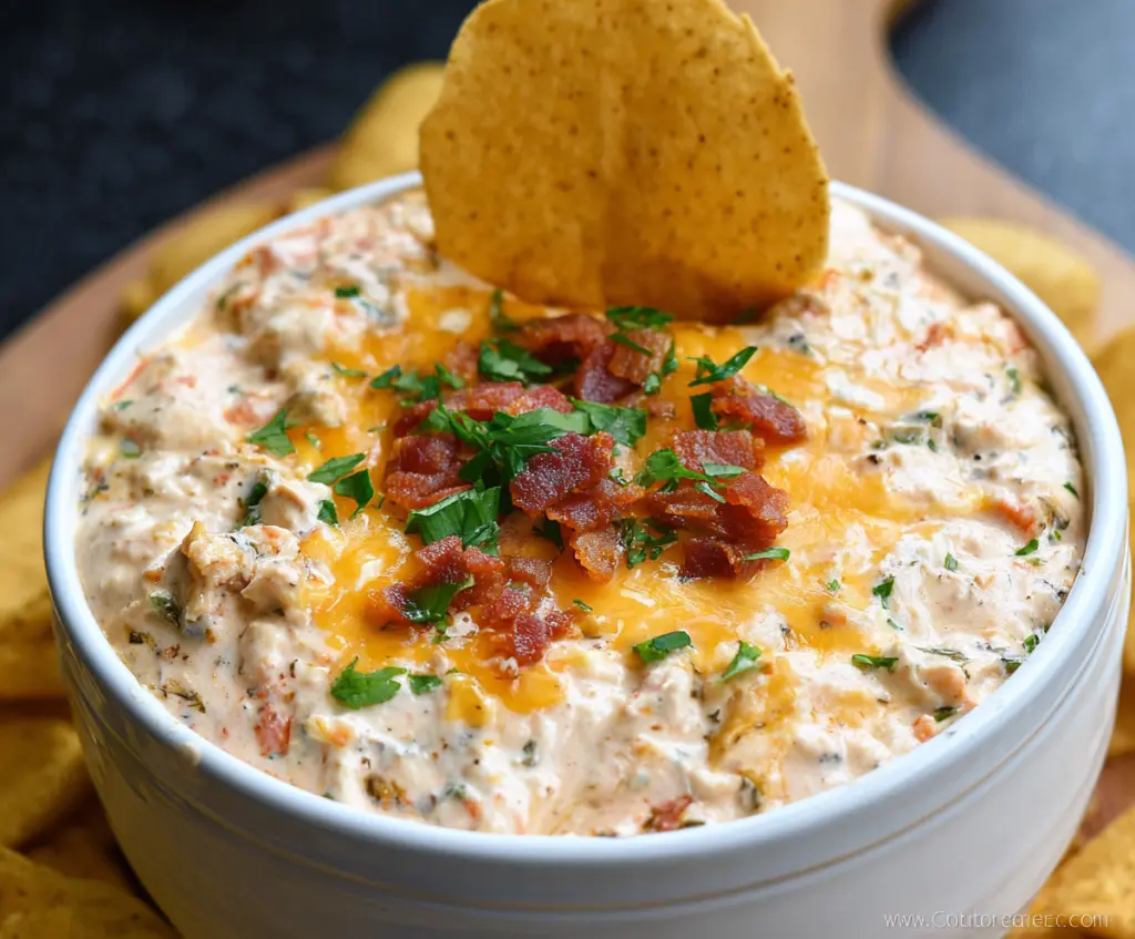 Delicious Crock Pot Crack Dip served in a bowl, showcasing melted cheese, bacon, and green onions.