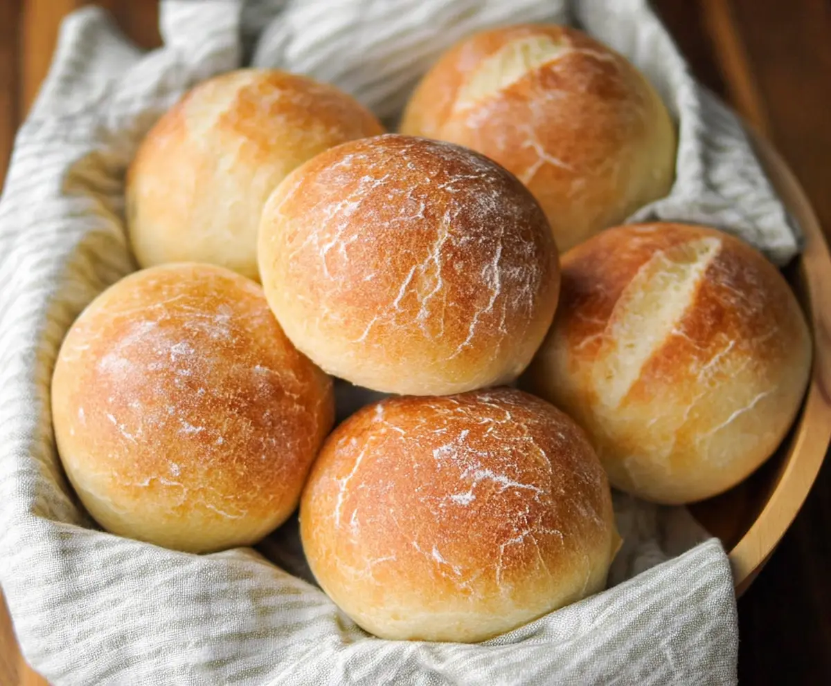 Freshly baked crusty sourdough dinner rolls on a rustic wooden table, perfect for a cozy meal.