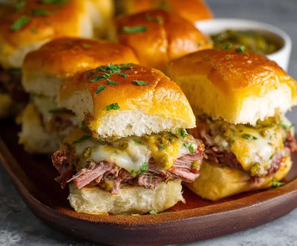 Delicious Cuban Sliders with melted cheese, ham, and roast pork on slider buns.
