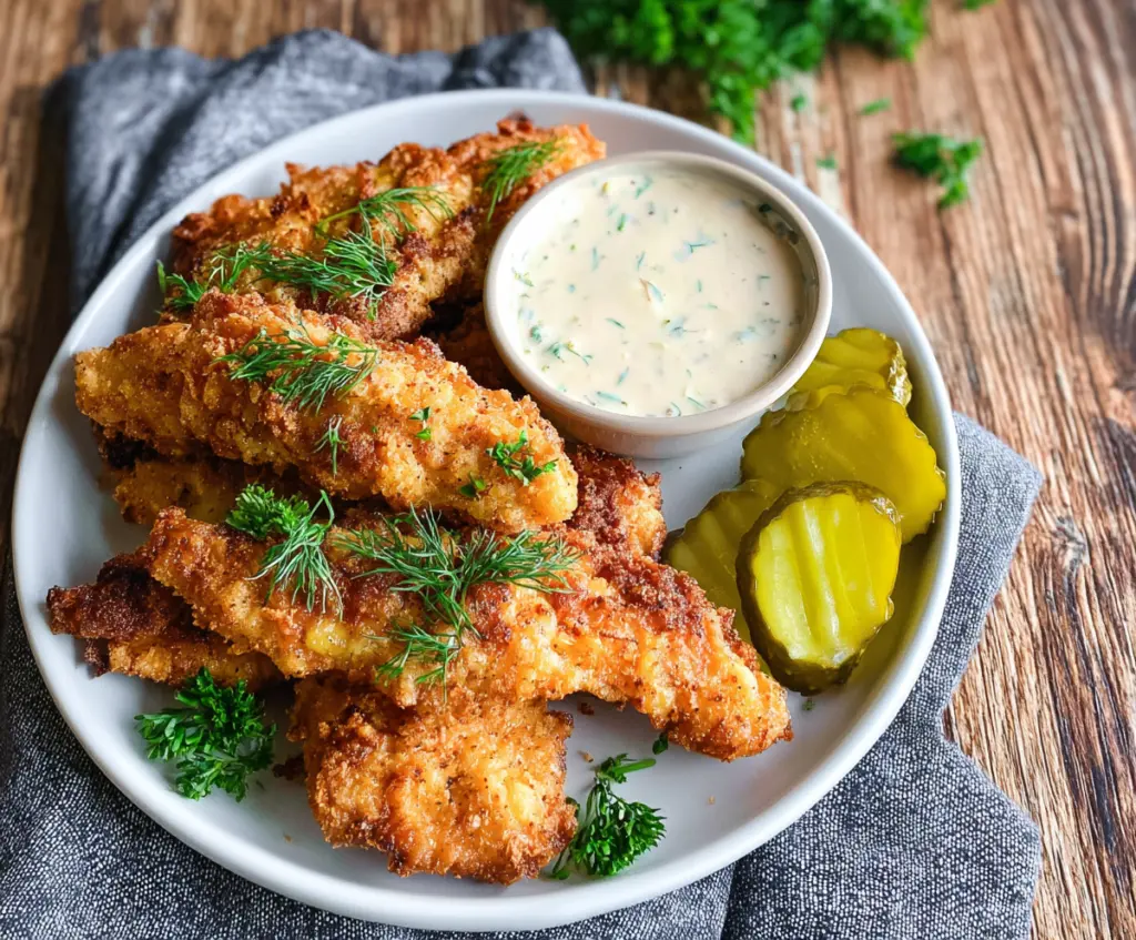 Crispy Dill Pickle Ranch Chicken Tenders served with fresh dill and pickle slices.