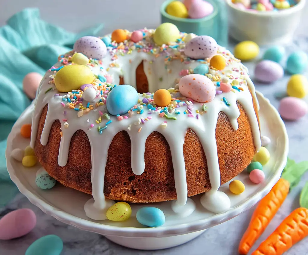 Decorative Easter Bundt Cake with colorful icing and festive spring sprinkles.