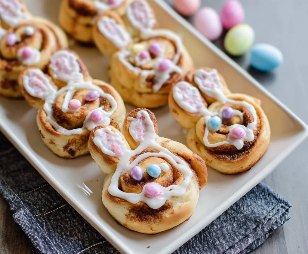 Delicious Easter Bunny Cinnamon Rolls with sweet icing and festive decorations for spring celebration.