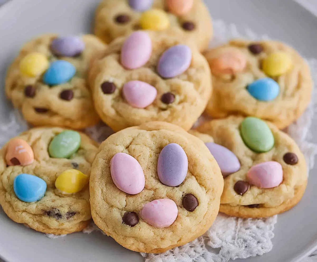 Delicious Easter Bunny M&M's Cookies with colorful candies and chocolate chips for festive celebrations