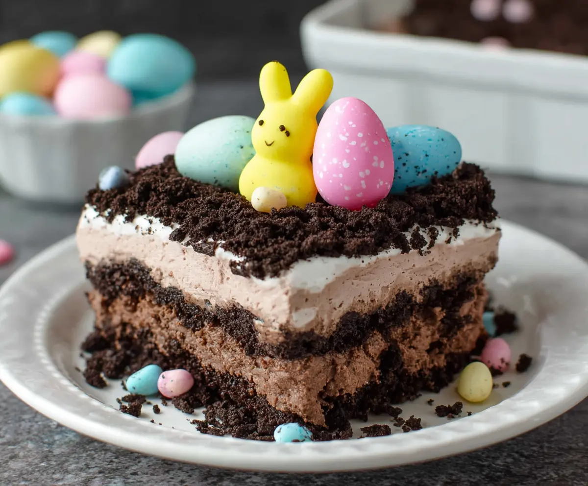 Delicious Easter Dirt Cake with chocolate sprinkles and colorful candies, perfect for holiday dessert.