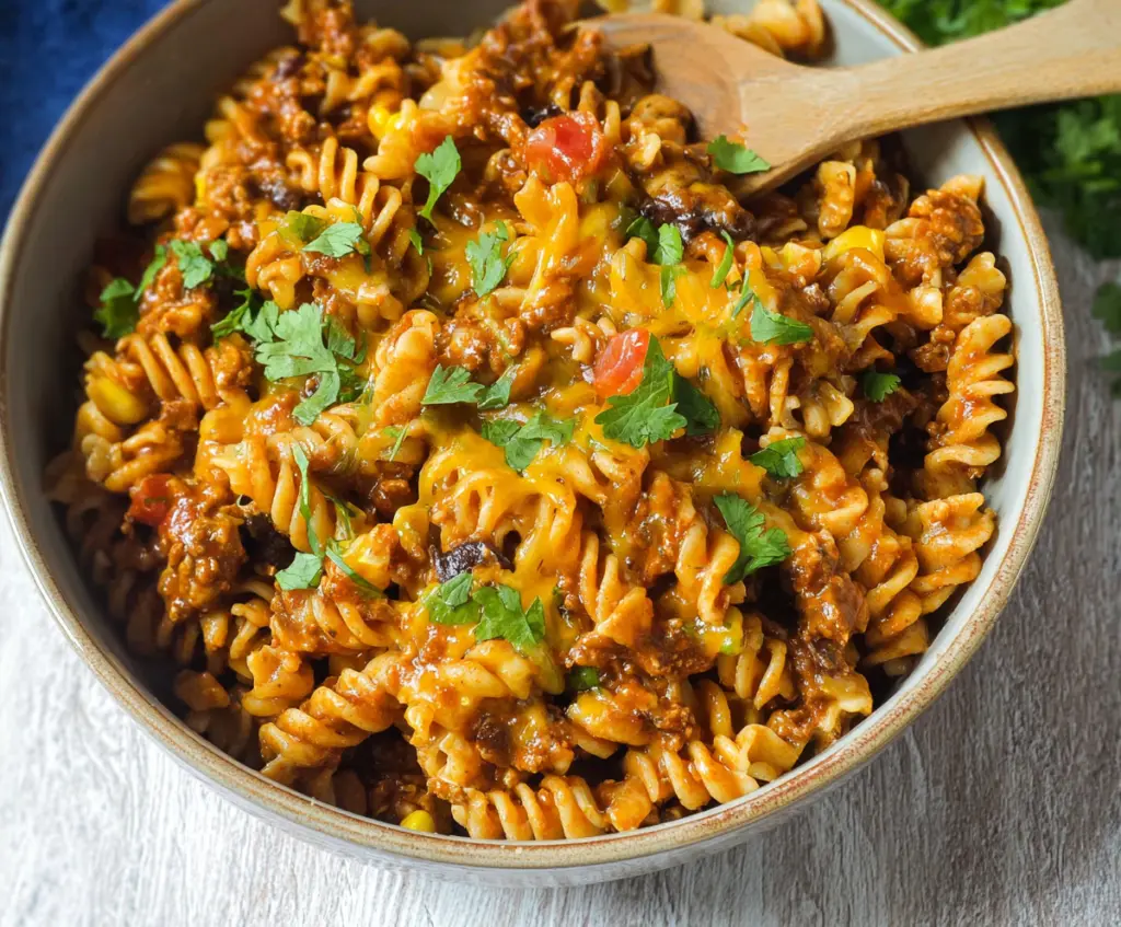 Delicious enchilada pasta dish with cheese, enchilada sauce, and colorful toppings on a plate.