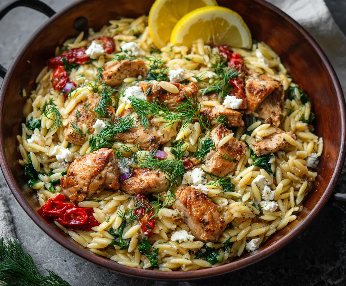 Delicious feta cheese and tender chicken orzo pasta dish served in a bowl.