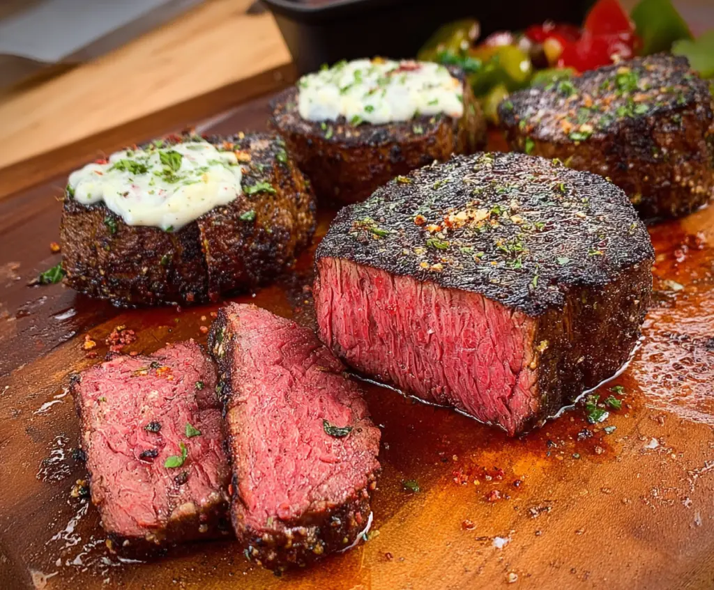 Juicy filet mignon steak cooked to perfection on a plate with herbs.