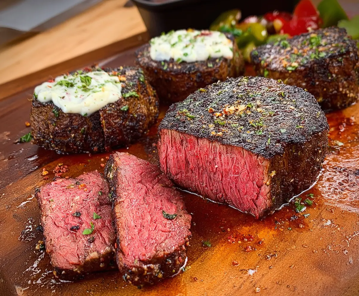 Juicy filet mignon steak cooked to perfection on a plate with herbs.