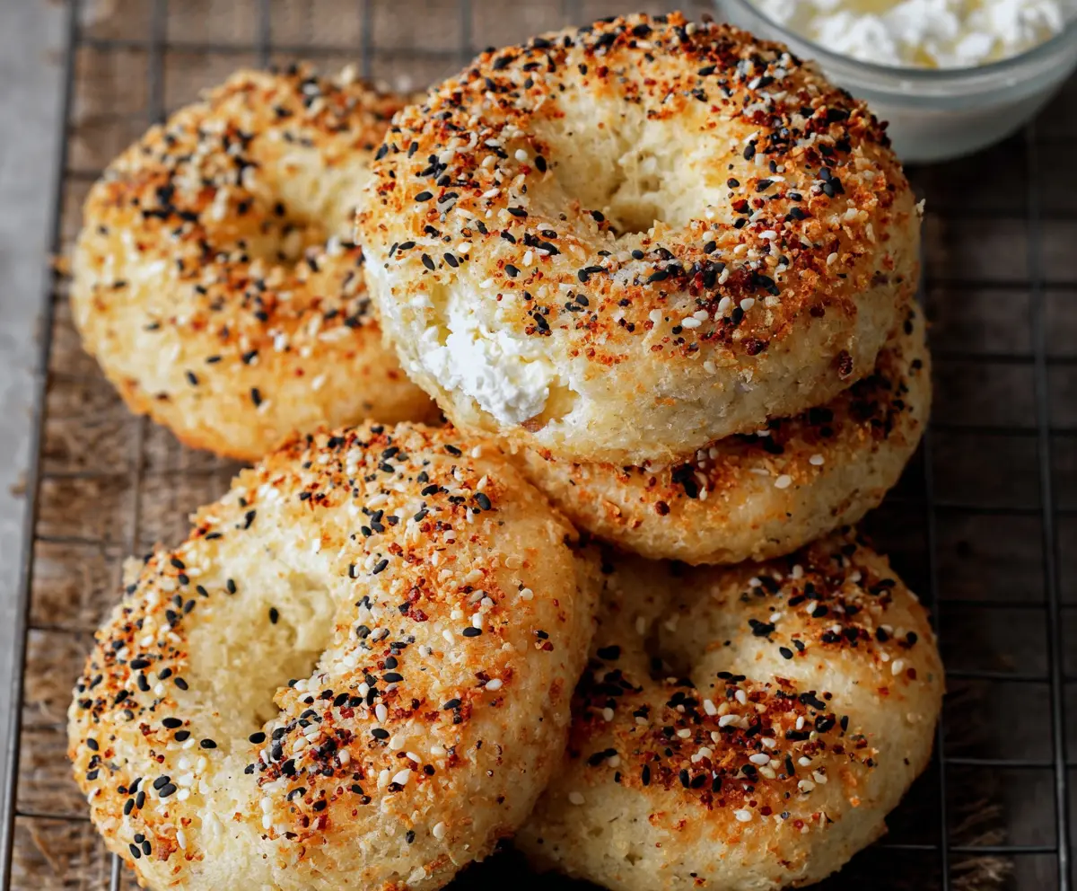 Delicious fluffy cottage cheese almond flour bagel served on a white plate