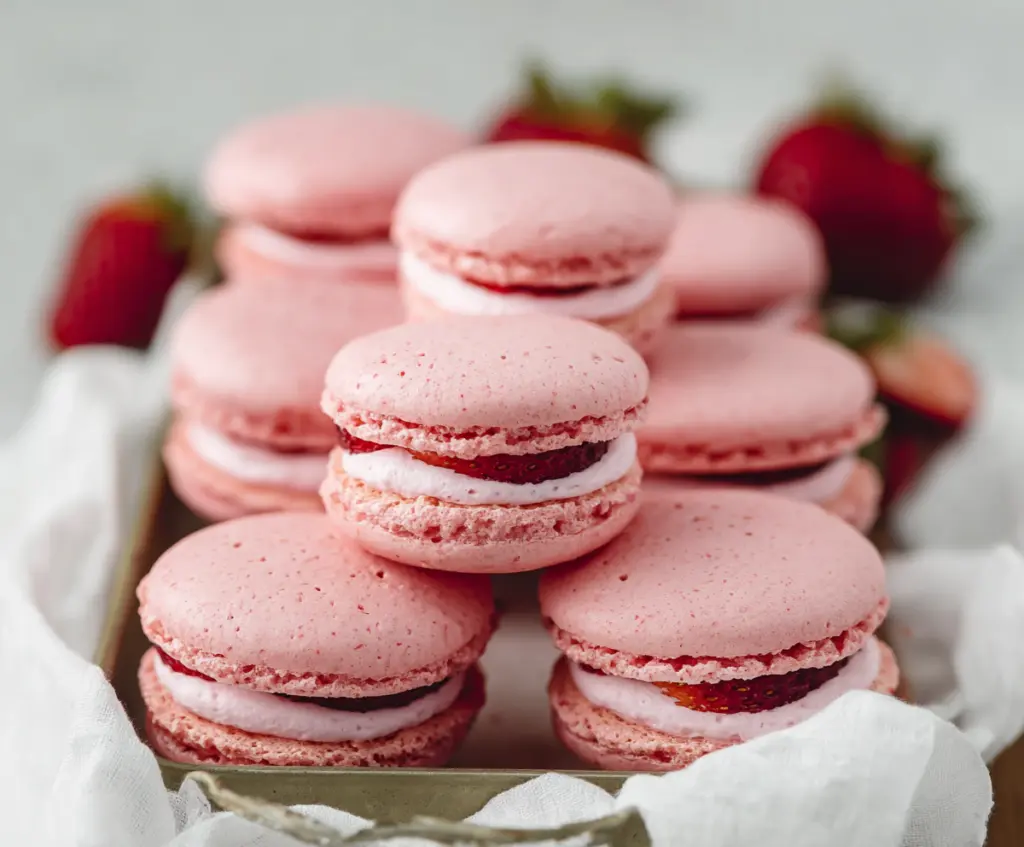 Delicious French strawberry macarons with pink filling on a white plate