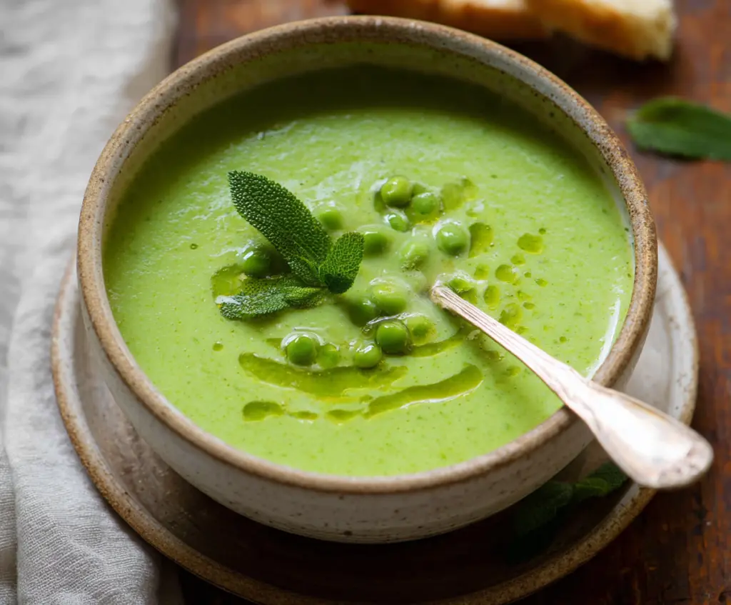 Creamy fresh pea soup garnished with fresh herbs served in a bowl, perfect for a healthy appetizer.