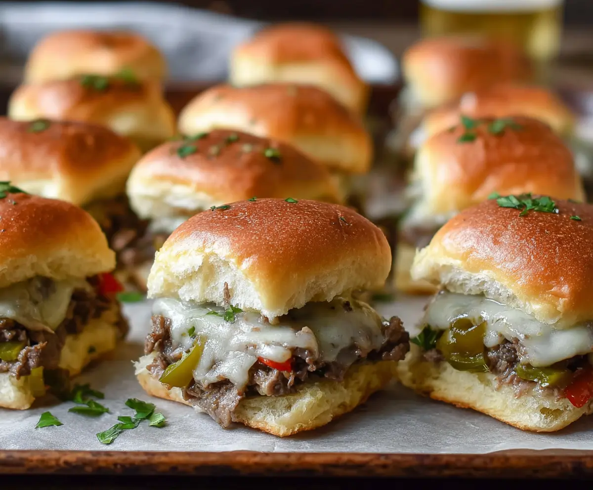 Delicious Game Day Philly Cheesesteak Sliders with melted cheese and savory beef on hoagie buns