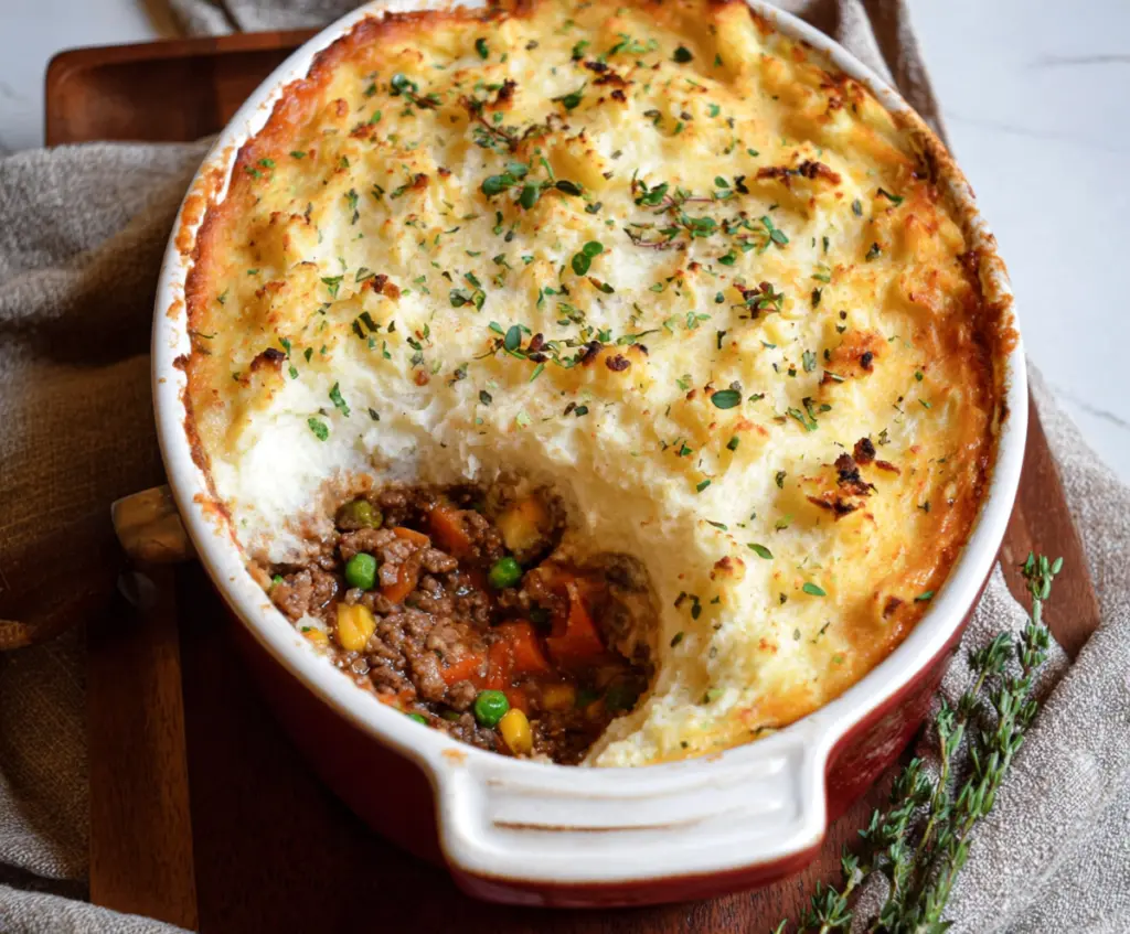 Delicious gluten-free shepherd's pie topped with golden mashed potatoes and fresh herbs.