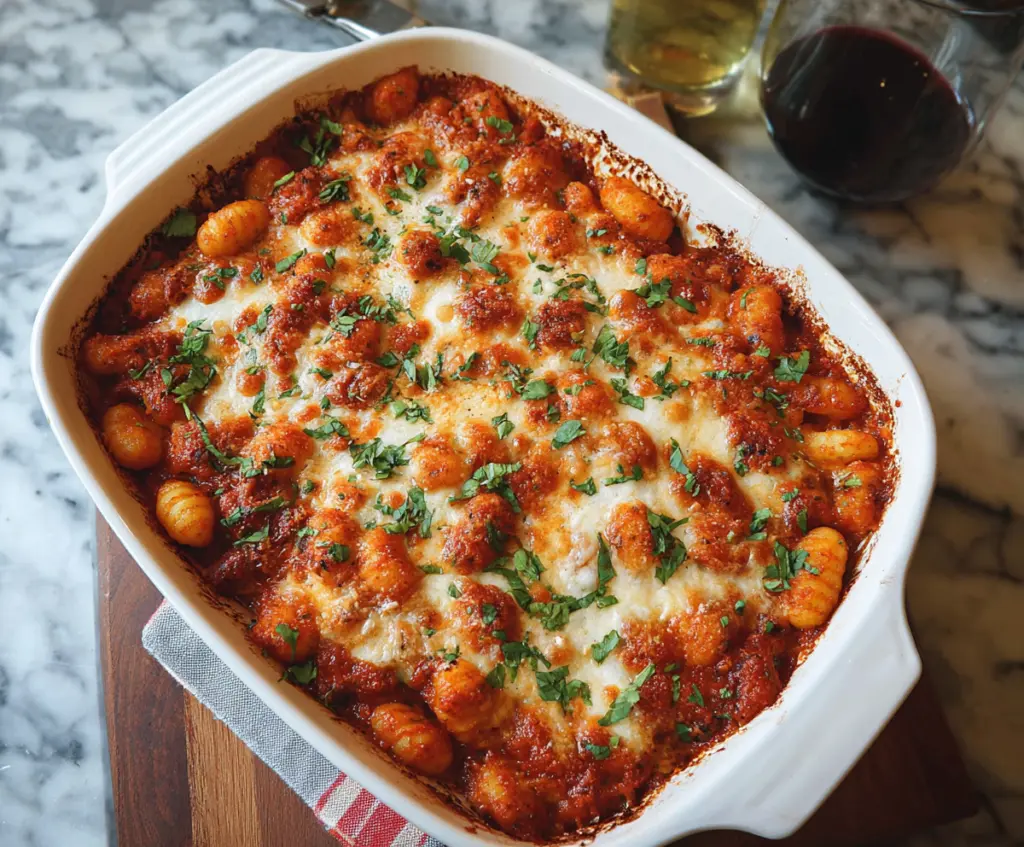 Delicious Gnocchi Pasta Bake with melted cheese and fresh herbs served in a oven-safe dish.