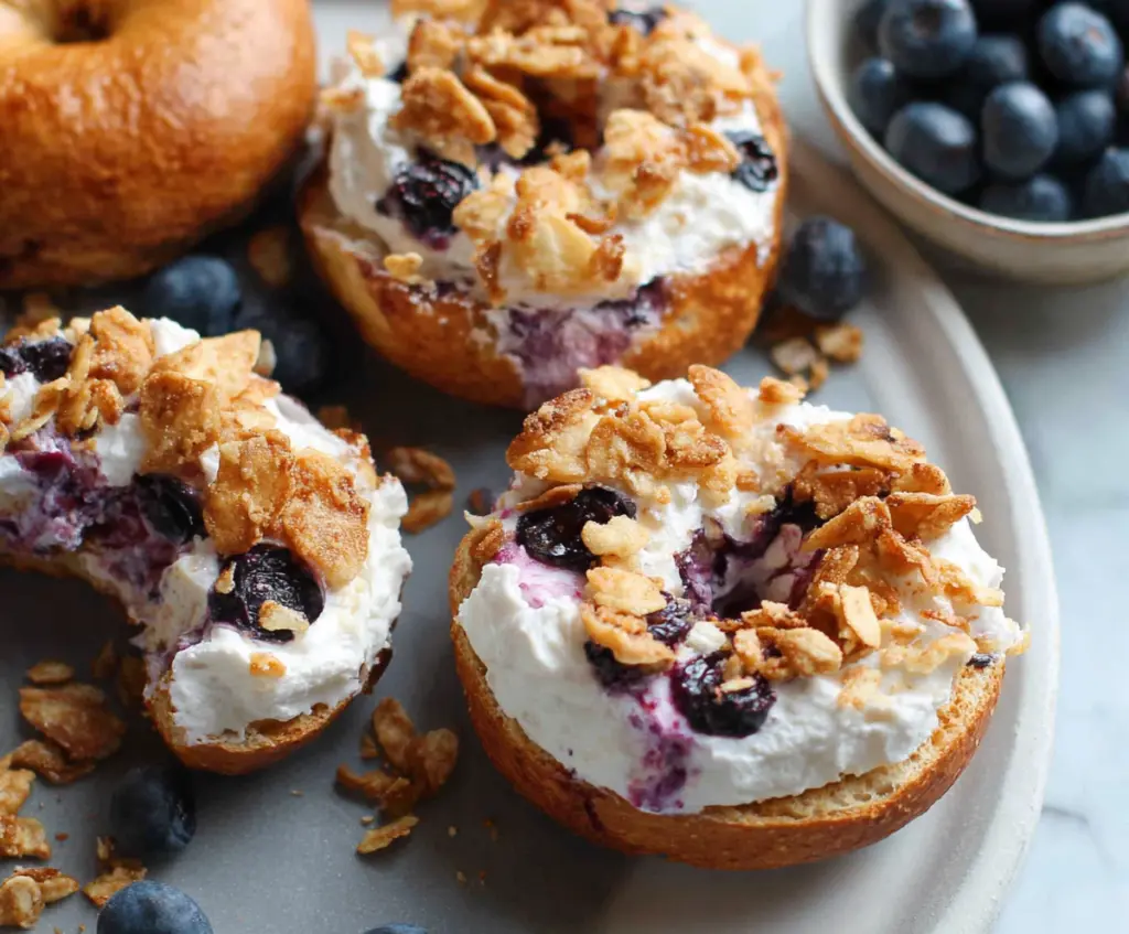 Delicious Greek yogurt blueberry crunch bagels featuring fresh blueberries and crunchy topping.