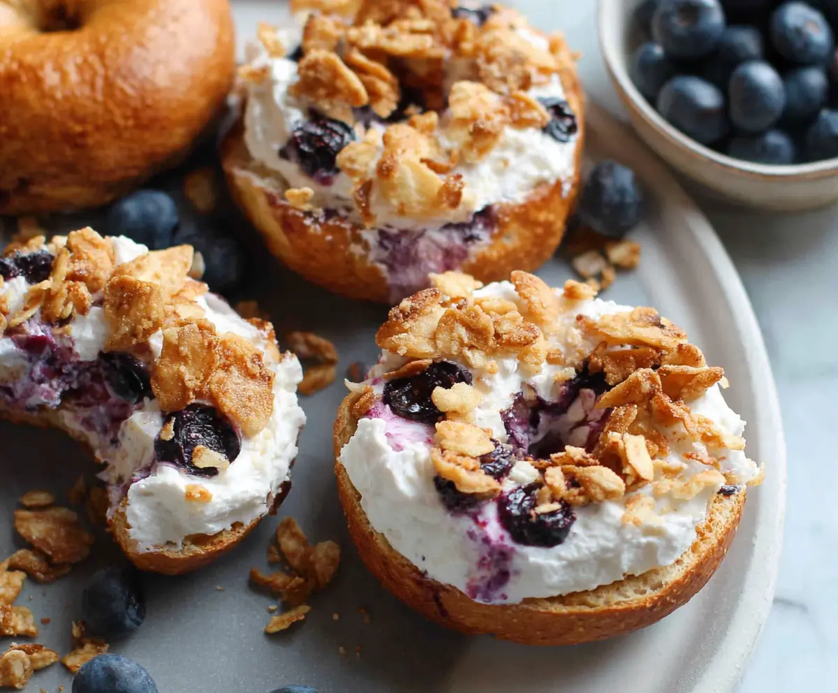 Delicious Greek yogurt blueberry crunch bagels featuring fresh blueberries and crunchy topping.