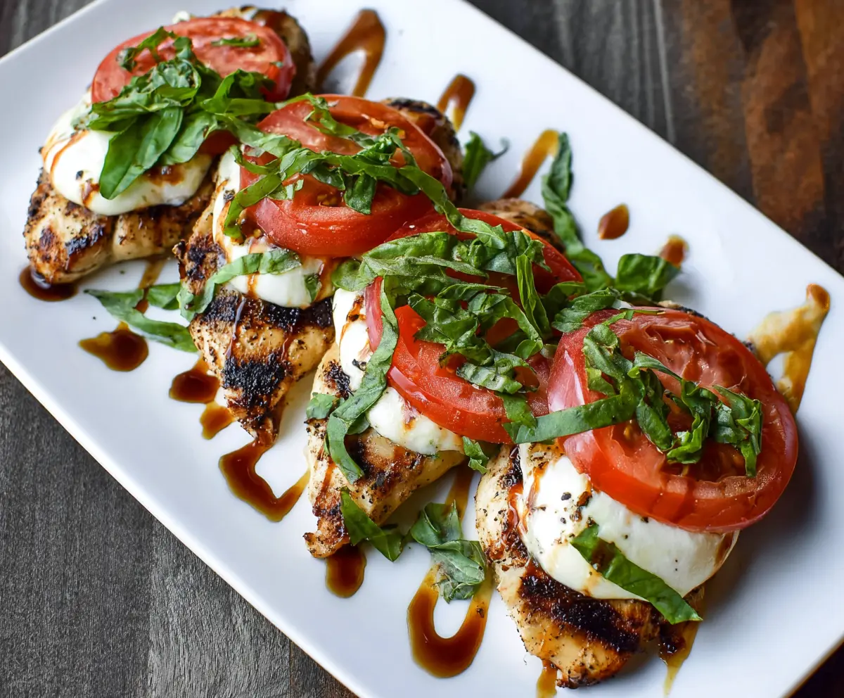 Juicy grilled chicken topped with fresh mozzarella, basil, and ripe tomatoes in a classic Caprese style.