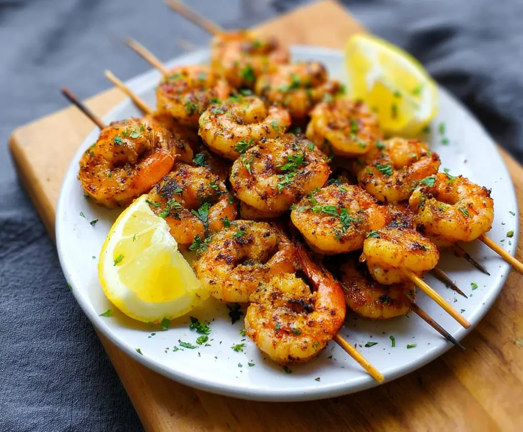 Delicious grilled lemon garlic shrimp served on a plate with fresh herbs.