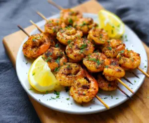Delicious grilled lemon garlic shrimp served on a plate with fresh herbs.