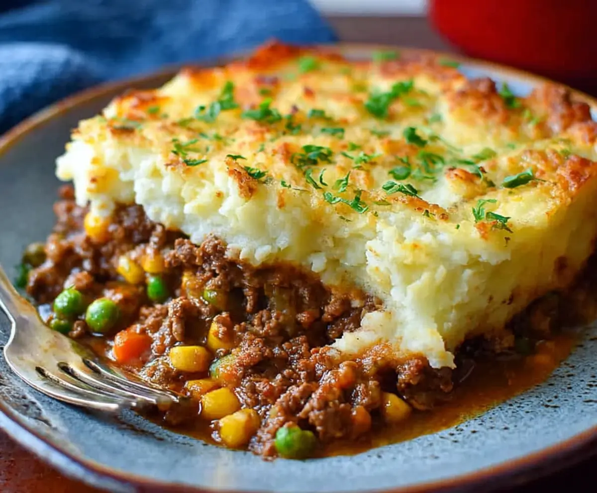 Delicious Ground Beef Shepherd's Pie topped with mashed potatoes and melted cheese.