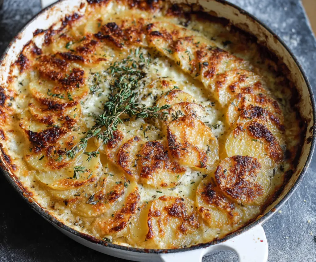 Delicious Gruyère Potato Gratin with golden melted cheese and crispy edges on a rustic plate.