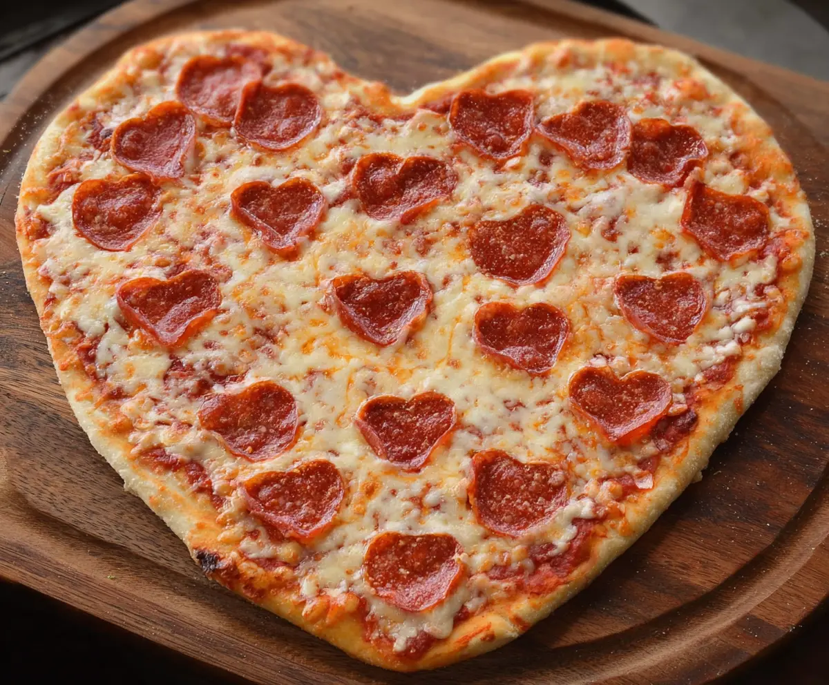 Delicious heart-shaped pizza topped with cheese and fresh ingredients perfect for romance or special occasions.