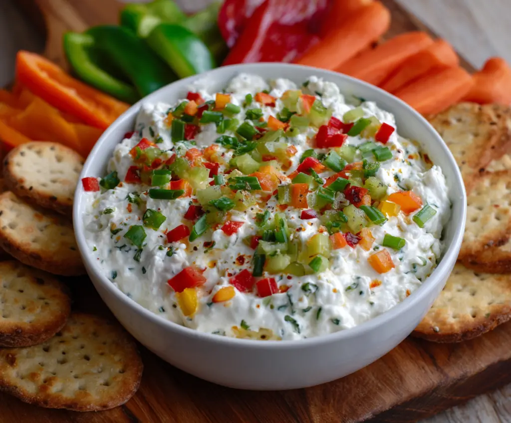 Delicious high protein cottage cheese and giardiniera dip served as a healthy snack or appetizer.