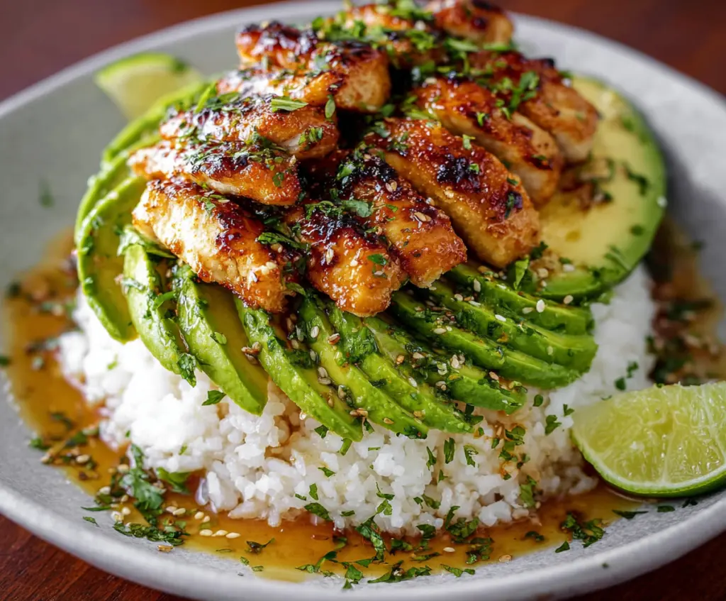 Delicious Honey Lime Chicken served with fresh avocado slices on a plate