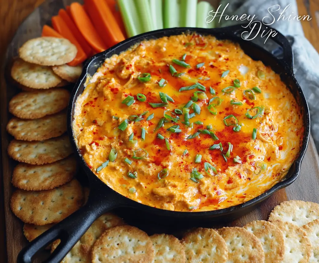 Creamy Honey Sriracha Chicken Dip served with fresh vegetables and tortilla chips.